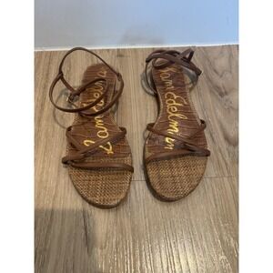 Sam Edelman Ellina Women's Flat Sandals Brown Raffia Look Ankle Strap